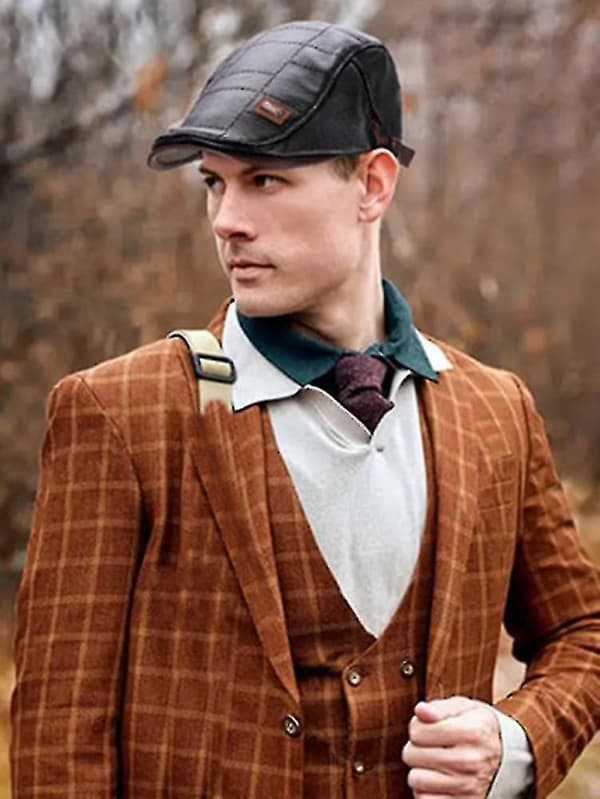 Black Trendy Leather Beret for Men, Adjustable PU Leather Cap
