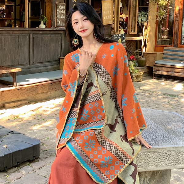 Vinter orange dame varmt sjal cape vinter cardigan sweater front åben cape