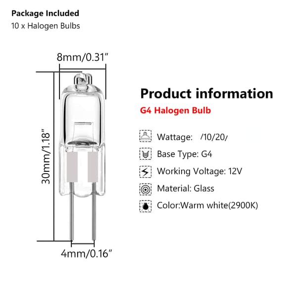 10 stk G4 Halogenpære 12V 10W 20W 20W
