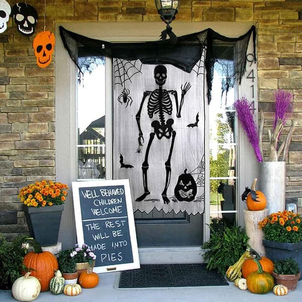 Halloween-gardiner, 2 stk. skelet-edderkoppespindsgardin dør P