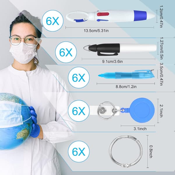 Nurse Pen Set - 6 Pieces Including Highlighter, Permanent Marker, and Retractable Ballpoint Pen