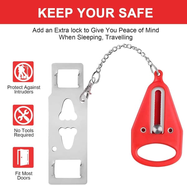 2 Door Locks - Security Lock for Interior Doors, Travel Lock - No Drilling, Anti-theft - for Hotels, Home - Red