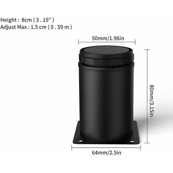 8 cm sorte justerbare møbelben i rustfrit stål til skabe, borde, sofaer, møbelfødder, sort, 8 cm
