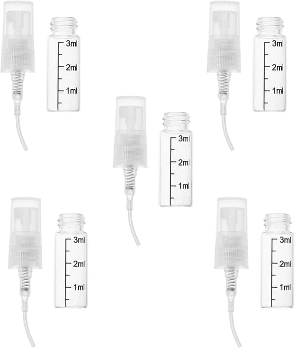 5 st 3 ml sprayflaskor i glas, påfyllningsbara finfördelare, bärbar parfym, aromaterapi, tomma reseflaskor med graderade markeringar