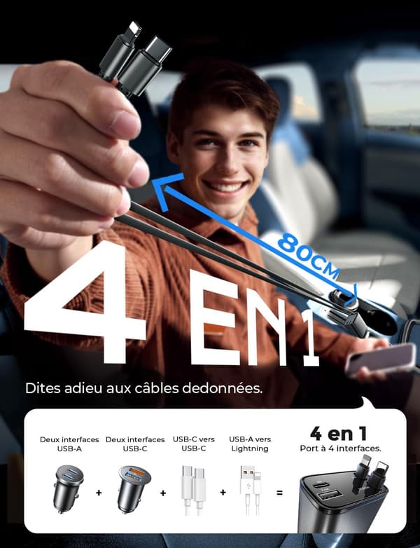 4-i-1 udtrækkelig USB C biloplader 69W [Magic Cable & Instant Bounce] Cigarettænderadapter, perfekt gave til mænd Valentinsdag