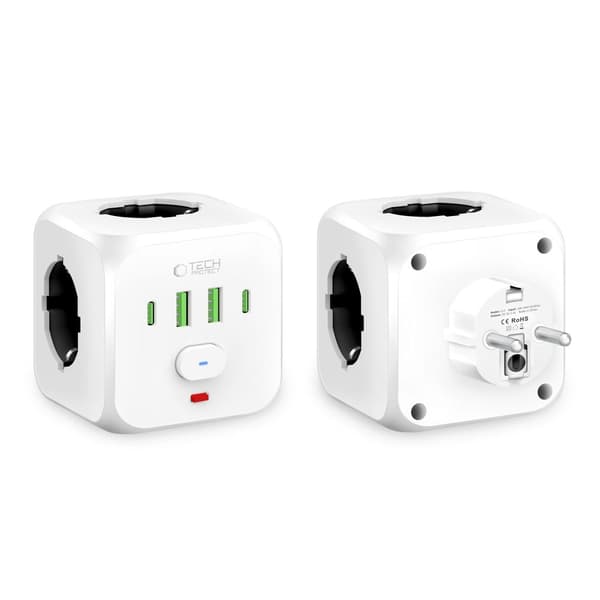 Tech-Protect Grendosa Med 3x Stikkontakt 2x USB-C + 2x USB-A Hvit