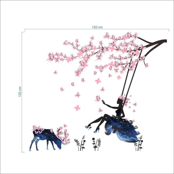 Girl on a swing & moose silhouette wall decals with pink butterfly