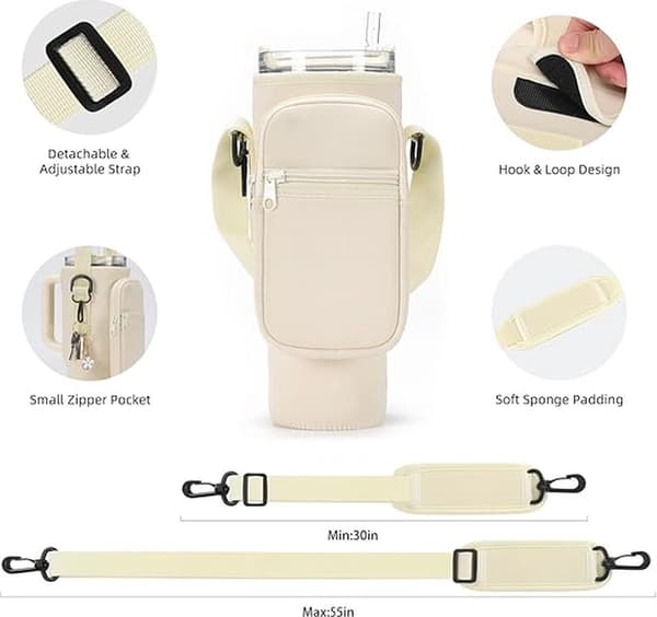 Isolert vannflaskefutteral, 1 stk. off-white, med stropp og telefonlomme, for 40 oz flasker
