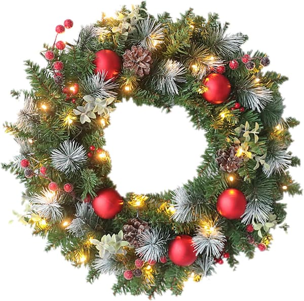 Battery-powered Christmas wreath for front door with 20 LED lights and bow [JUN]