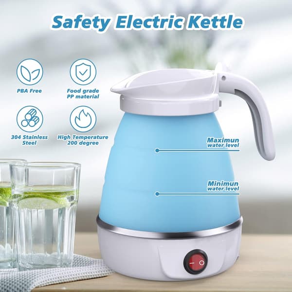 Foldable Electric Silicone Kettle, Portable Mini Travel Kettle with Detachable Power Cord - Blue (Compatible with Foldable)[JUN]