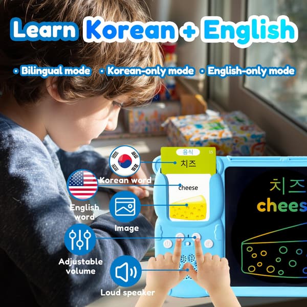 Skriveplade med tosprogede flashkort til børn, koreansk, blå Blå koreansk Blue Korean