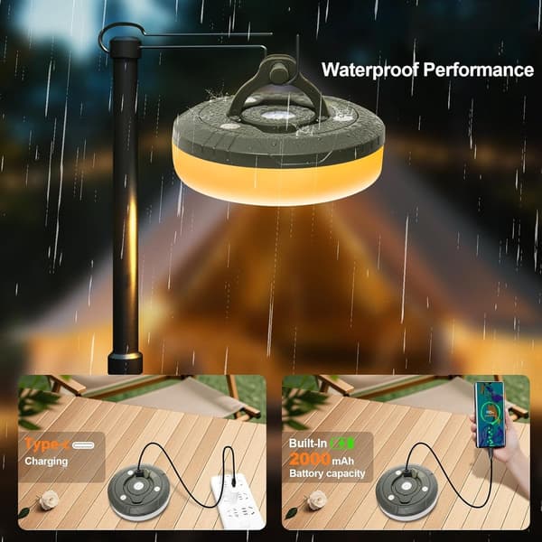 2-in-1 LED Camping Lantern with 10m Retractable String Lights, USB Rechargeable, IP65 Waterproof, Warm and Color Modes for Camping