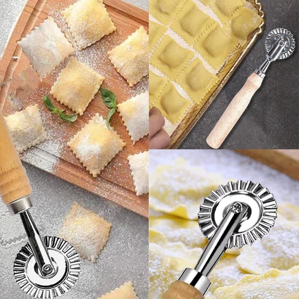 Pizza Cutter Wheel, Grooved Edge Roller Dough Cutter, Long Wooden Pasta Making Accessories, Cookie Baking Tools