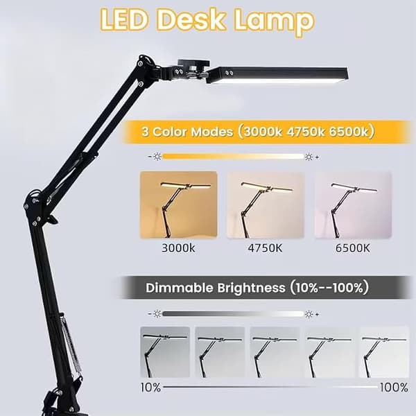 A desk lamp with adjustable arm and clamp, designed to protect your eyes when reading, studying, and working at your desk (black).