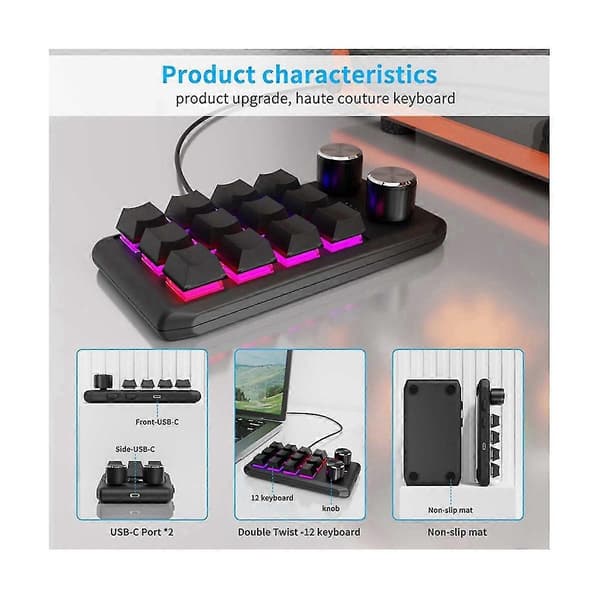 Anpassningsbart tangentbord med volymratt, programmerbara makron, gaming, hotswap, vit, 12 tangenter, 2 rattar, USB