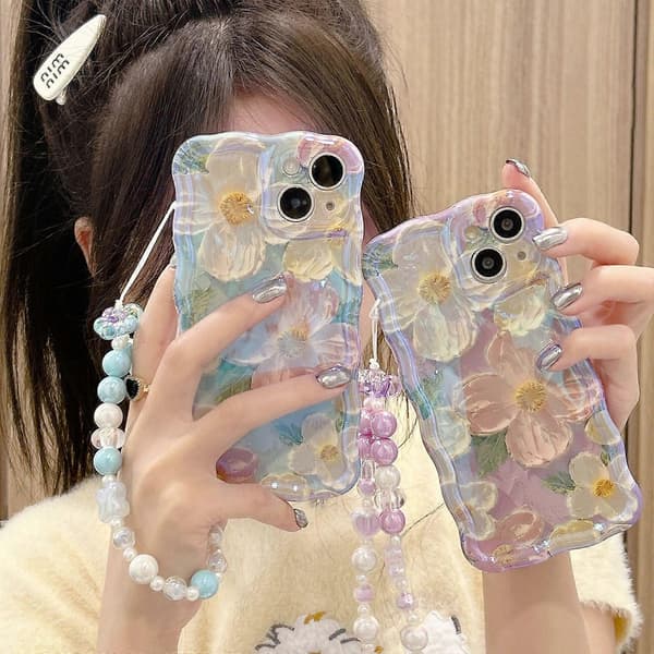 Glitter Retro Malet Blomsteretui til iPhone 15 Pro med Perlerem TPU Slim Beskyttelsescover