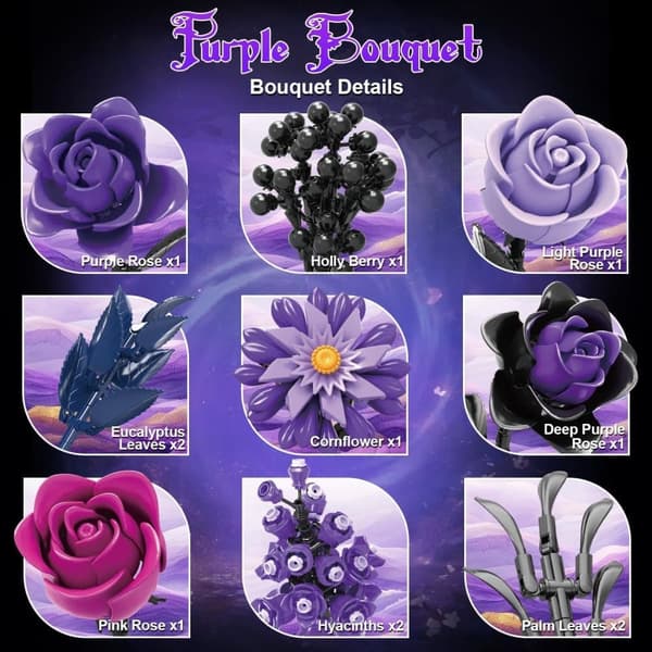 Purple Roses Building Kit - Gothic Botanical Home Decor, 822 Pieces