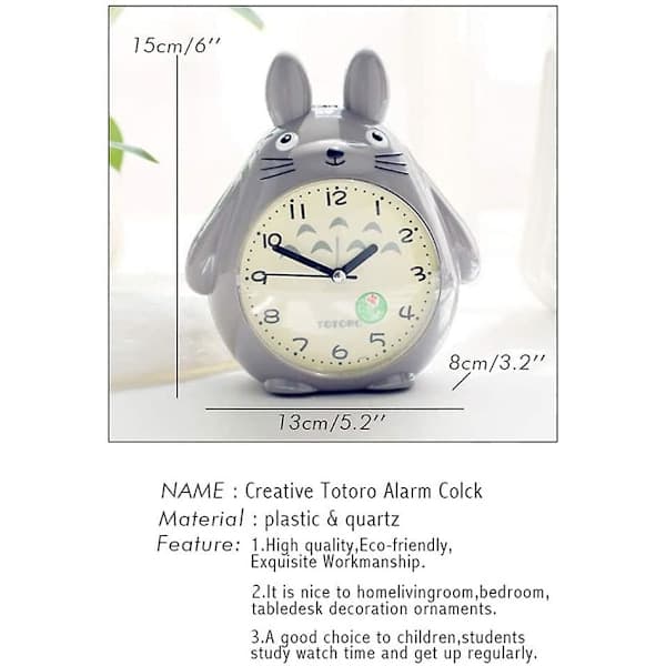Wekity Totoro-tema, slumrefunksjon, stille og LED-nattlys, klokke, beste gave til barn, tenåringer og venner, grå
