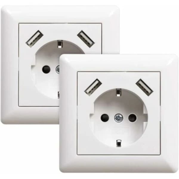 2 uttag med USB-port (max). Infällt vägguttag med USB-uttag, vit, System 55, högblank vit