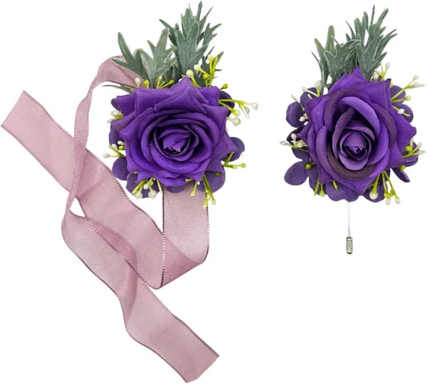Rose Håndledskorsage og Knaphulsblomst Sæt Lilla