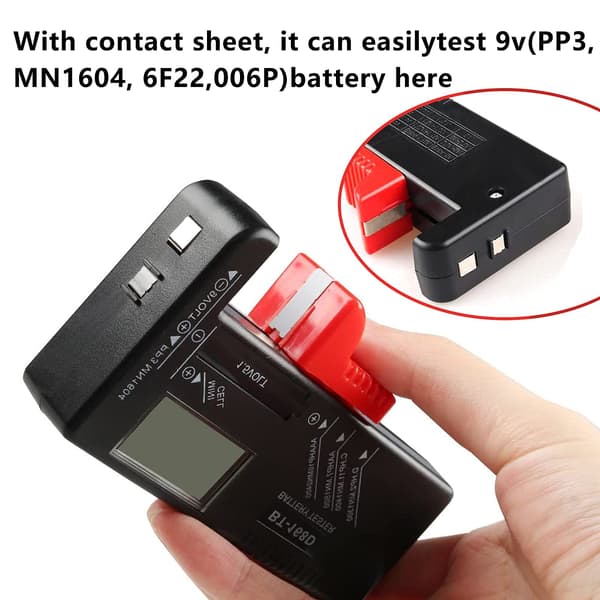 Digital batteritester, universel batteritester, batteritester, til AA, AAA, C, D, PP3, 9V, 1,5V og knapcellebatterier - Fungerer uden batteri
