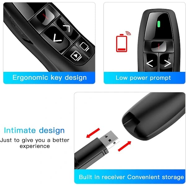 Trådløs præsentationsklikker med rød laserpointer, USB Plug and Play Presenter til lærere, kontor, klasseværelse, sort