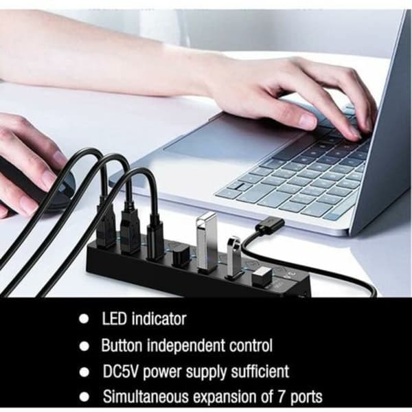 USB 3.0 Hub, Multi 7-ports USB-strøm med individuel afbryder, strømforsynet USB 3.0 Hub, flere USB-porte til PC, bærbar computer,