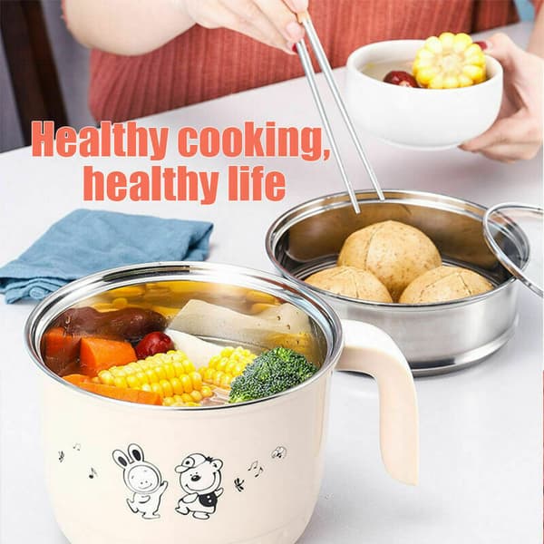 Mini Multifunktionel Elektrisk Gryde 1.8L Rustfrit Stål Dampkoger Nudelsuppe Maker Gryde (Beige)[JUN]