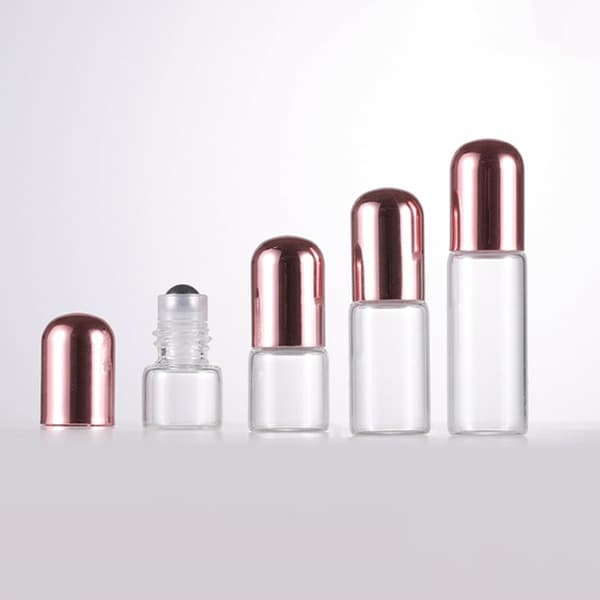 2 ml glassrulleflasker for eteriske oljer 10 stk påfyllbar parfyme med rosegullhetter og kuler i rustfritt stål reise-aromaterapi