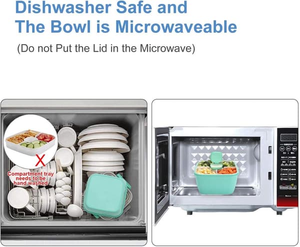 Salad Box, Leak-Proof PP Container with 3 Compartments, Dressing Cup and Fork, for School, Work and Travel, Green, 1500 ML