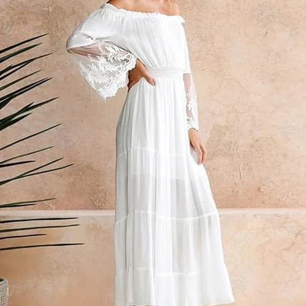 (pow yeah!) Dam Maxi Lång Klänning Off Shoulder Spets Flare Ärm Elegant Festklänning Boho Klänning Vit/Svart