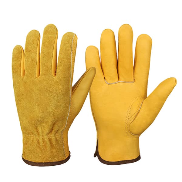 Et par gule L havehandsker, arbejdshandsker med elastisk håndled