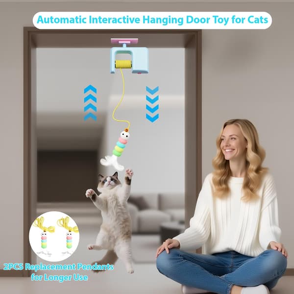 Automatic Door Hanging Cat Toy with Feathers & Bell, Self-Retracting Interactive Toy for Bored Indoor Cats & Kittens