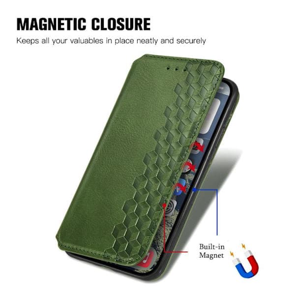 iPhone 17 Case Leather Case with Cubic Grid Pattern and Magnetic Closure Green Green Grön