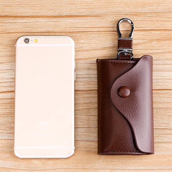 Leather Key Organizer with 2 Card Slots and 6 Key Hooks, Compact Mini Everyday Carry Bag, Brown