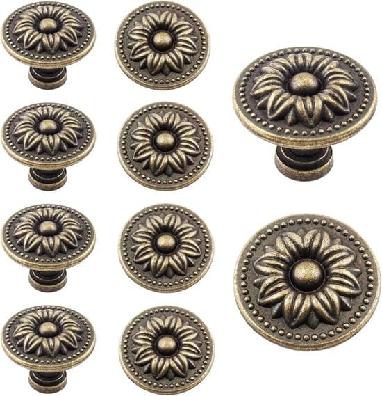 Set of 10 Antique Bronze Round Drawer Knobs - 30mm - Vintage Cabinet Knobs; Antique Round Single-Hole Aluminum Cabinet Knobs with Screws
