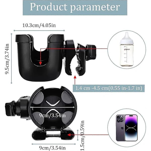 (Pow yeah!) Universal Adjustable Cup Holder with Phone Holder for Stroller, Wheelchair, Rollator, Bicycle, Scooter