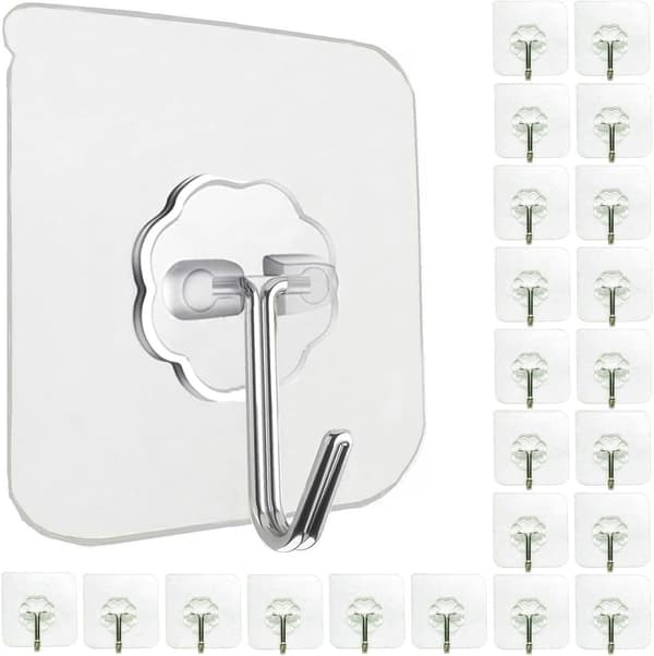 Self-adhesive hooks, 24-pack transparent, waterproof for keys, bathroom, kitchen & door