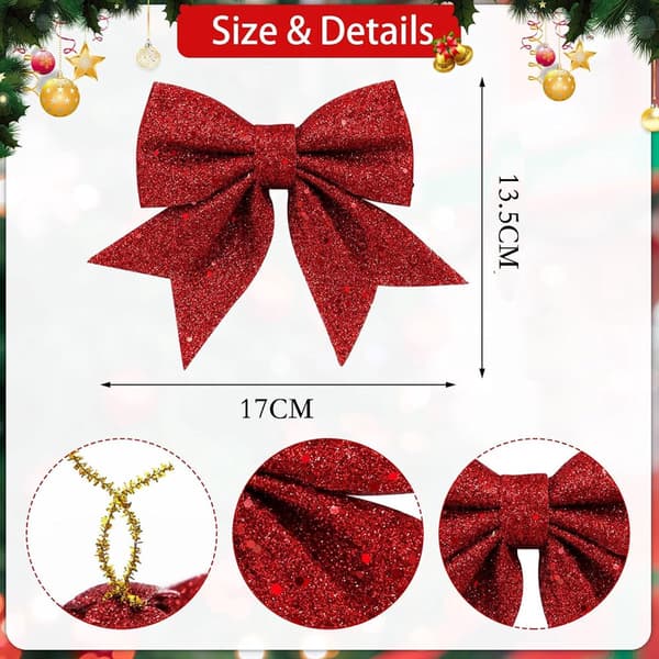 Christmas Bows, Glitter, Red, 17x13.5 cm, for Tree Decorations, 2 Pieces