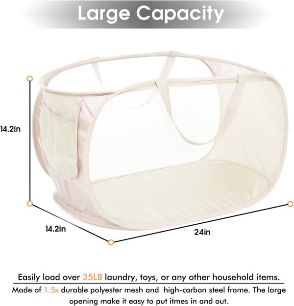 Durable Foldable Laundry Baskets, Mesh Pop Up Laundry Hamper with Practical Pocket, Collapsible Clothes Hamper with Reinforced Carry Handles-Beige