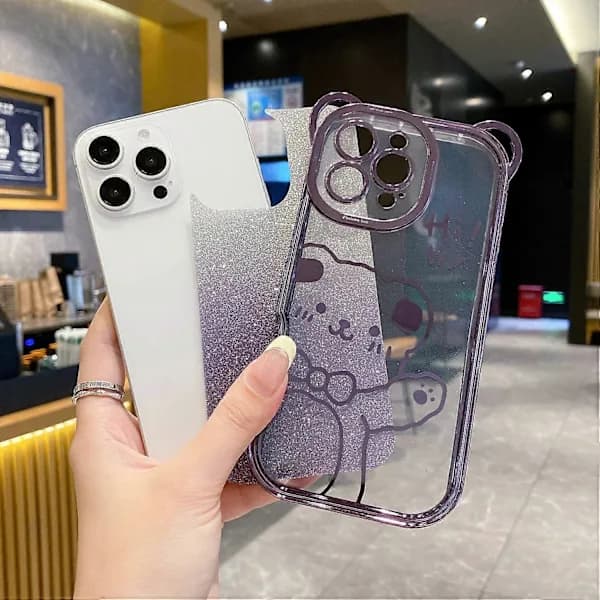 (Pow Yeah!) Til iPhone 16 Pro Max Cover Sød Bjørn Galvanisering TPU Telefoncover med Gradient Glitterpapir