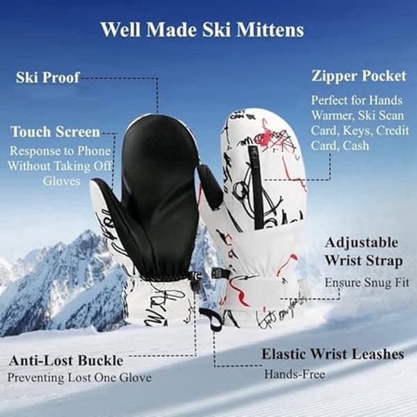 Waterproof Ski Mittens, Cotton Lined, Touchscreen Thumb, PU Leather Palm, Hand Warmer Pocket, Skiing, White Graffiti, One Size