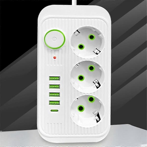 Vit 2M EU-plugg Multi-Standard Skjøteledning med USB-C Hurtiglading[JUN]