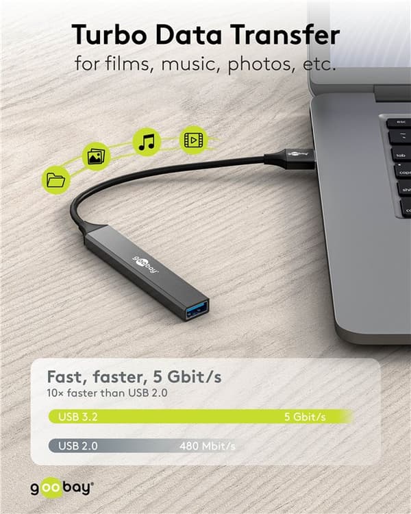 Slank USB-hub med 4 porter, USB-A til USB-A, 5 Gbit/s Ljusgrå