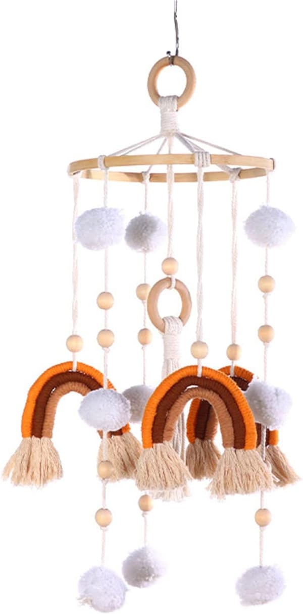 Rainbow Cot Bell Wind Chime Mobile Baby with Pom Pom Kids Hanging Cot Mobile Wind Chime