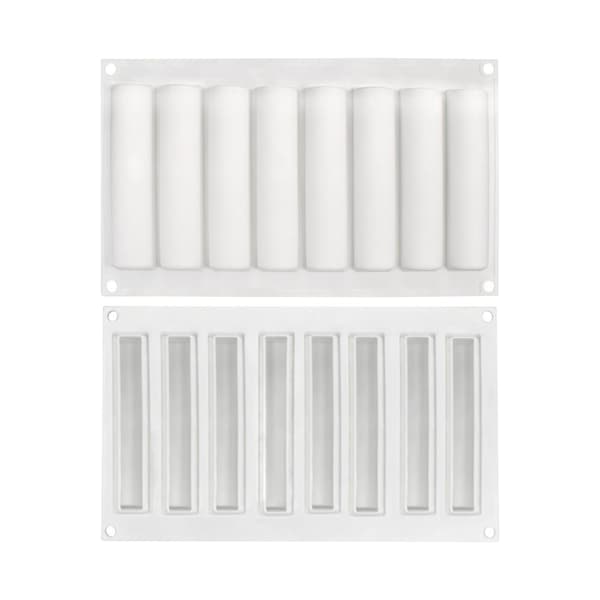 Avlang Eclair Sylinder 8 stk Silikonform Mousseform Pralinform hvit Hvit white Vit
