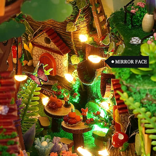 DIY Boghjørne Kit - Miniature Træhus med Møbler og LED-Lys - Ildflueskov