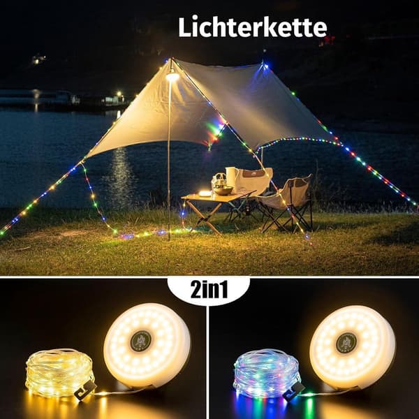 2-in-1 LED Camping Lantern with 10m Retractable String Lights, USB Rechargeable, IP65 Waterproof, Warm and Color Modes for Camping