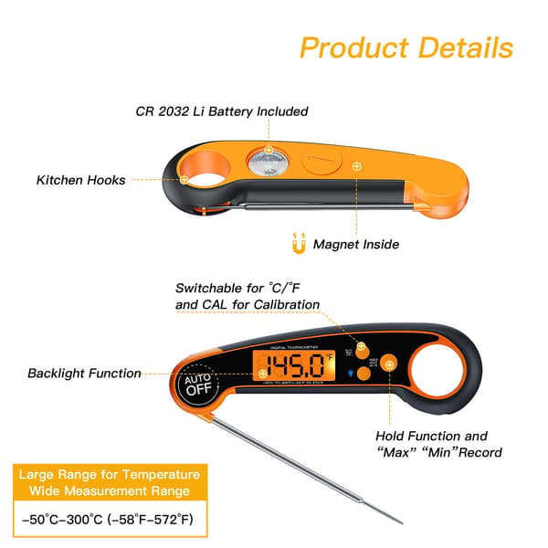Digitalt kødtermometer (orange) – Hurtigt stegetermometer, Accu