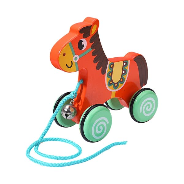 DYNWAVE Push and Pull Toy Wooden Animal Walking Educational Activity Toy Sensory Bell Bidirectional Movement Rounded Edges Suitable, Horse